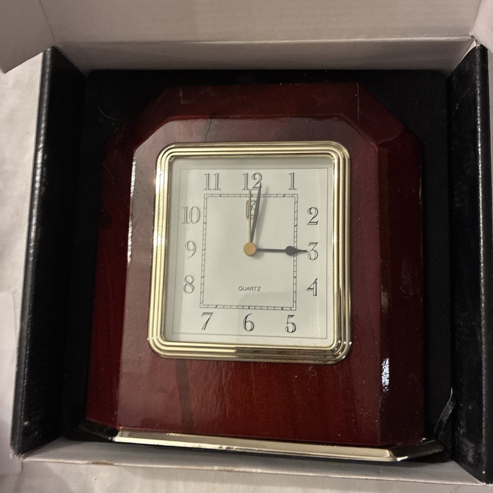 1997 PAUL SEBASTIAN LACQUER COATED WOODEN TABLE CLOCK w/POLISHED BRASS TRIM